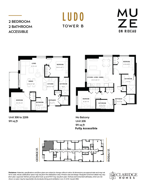 Floor plan for 2 beds, 2 baths, 911 sqft